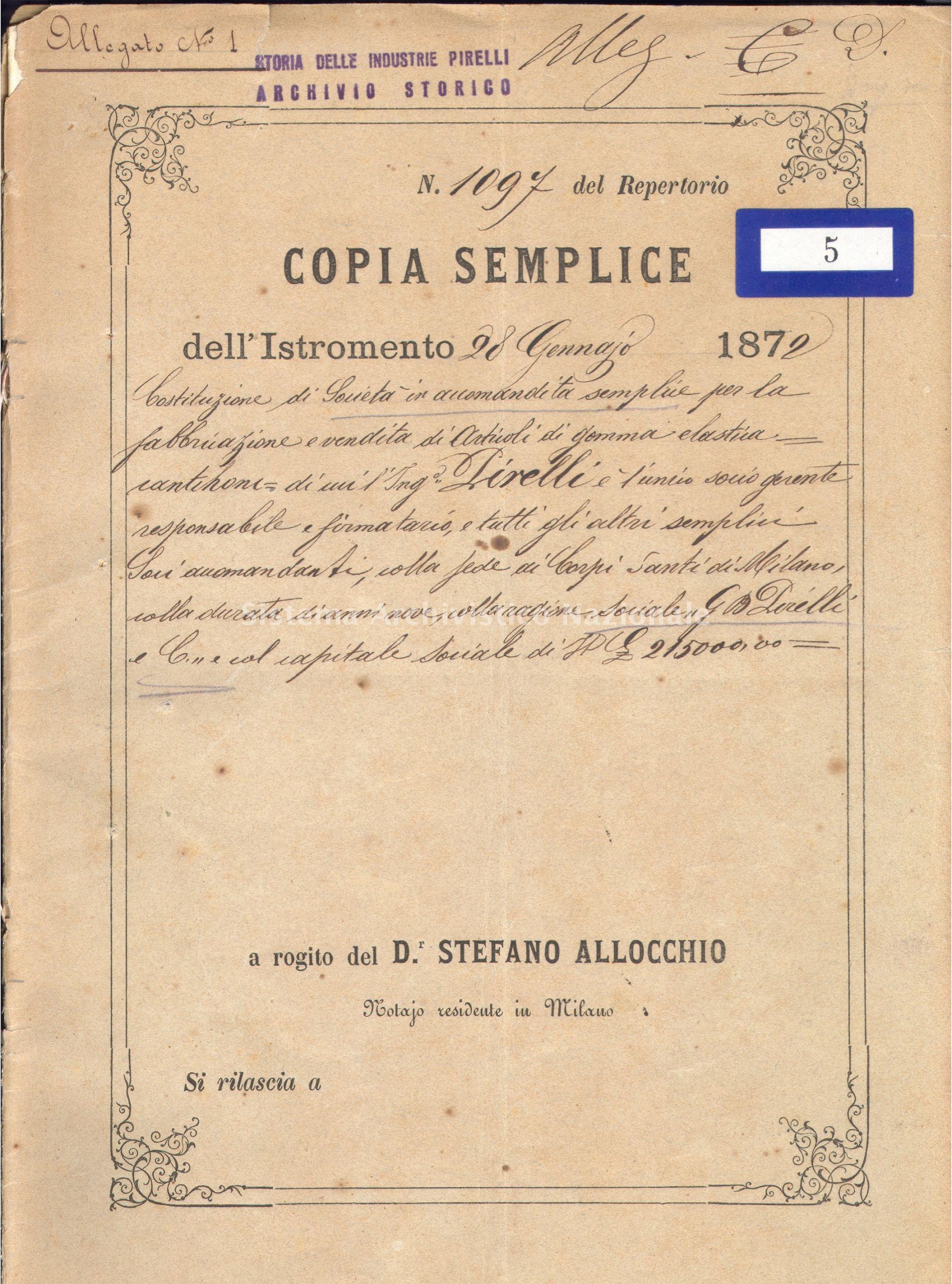   Atto costitutivo della G. B. Pirelli e C., 1872 (Fondazione Pirelli).
