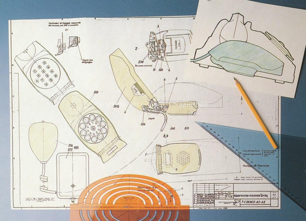   Disegno tecnico del telefono "Grillo", progettato Marco Zanuso e Richard Sapper, 1974 (Fondazione Isec, fondo Italtel).

