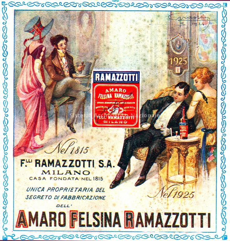   Immagine pubblicitaria dell\'Amaro Felsina Ramazzotti, disegnata da Vittorio Grassi, 1925 (Archivio di Stato di Ragusa).

