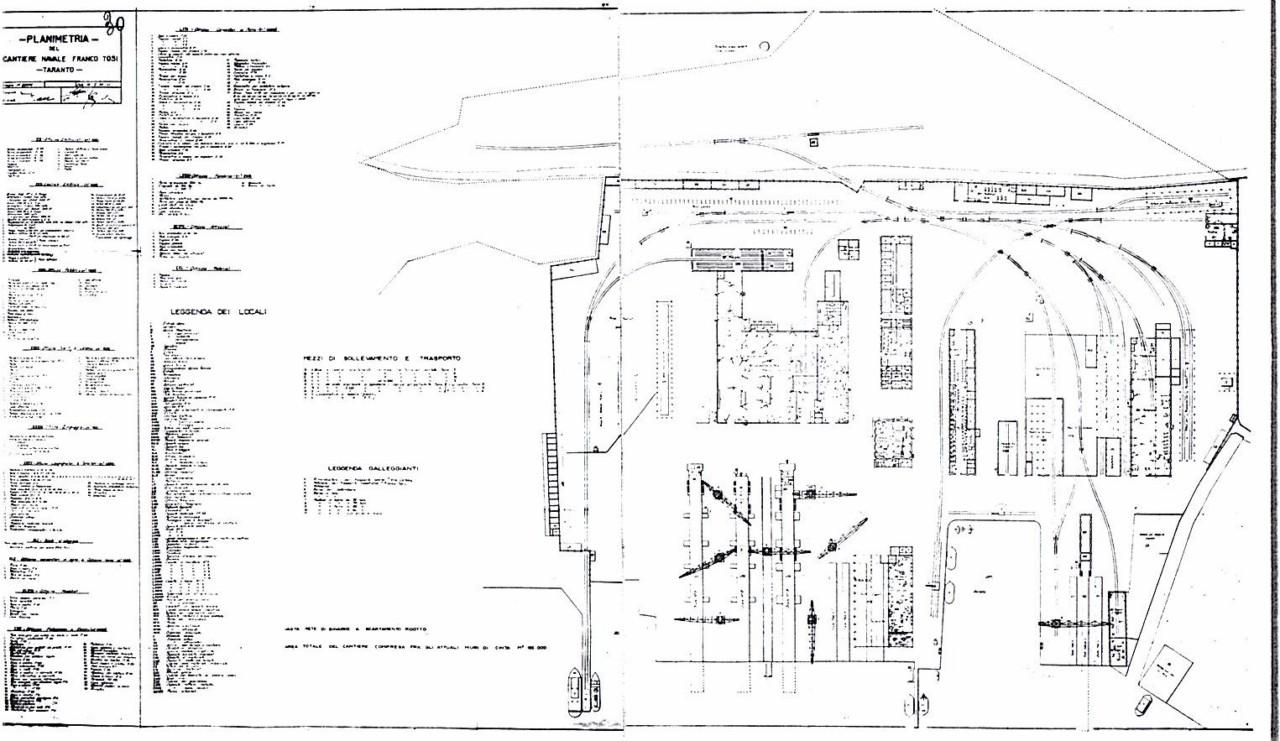   Planimetria del Cantiere navale Franco Tosi nel porto di Taranto, 1935 (Archivio Centrale dello Stato, Istituto per la ricostruzione industriale, Archivio storico Iri).
