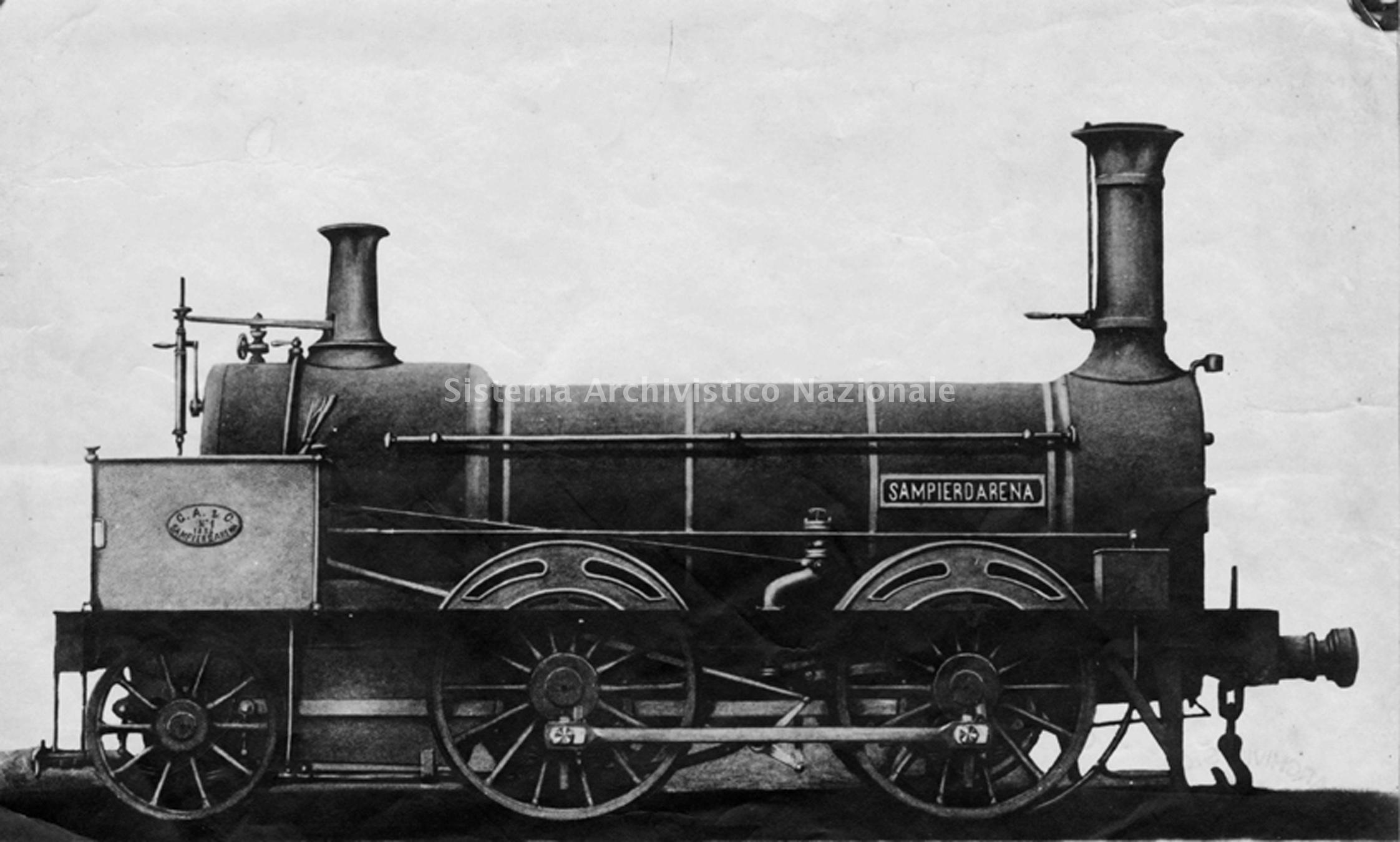   Locomotiva a vapore costruita nello Stabilimento meccanico Ansaldo di Sampierdarena (GE), 1854 (Fondazione Ansaldo, fondo Ansaldo).
