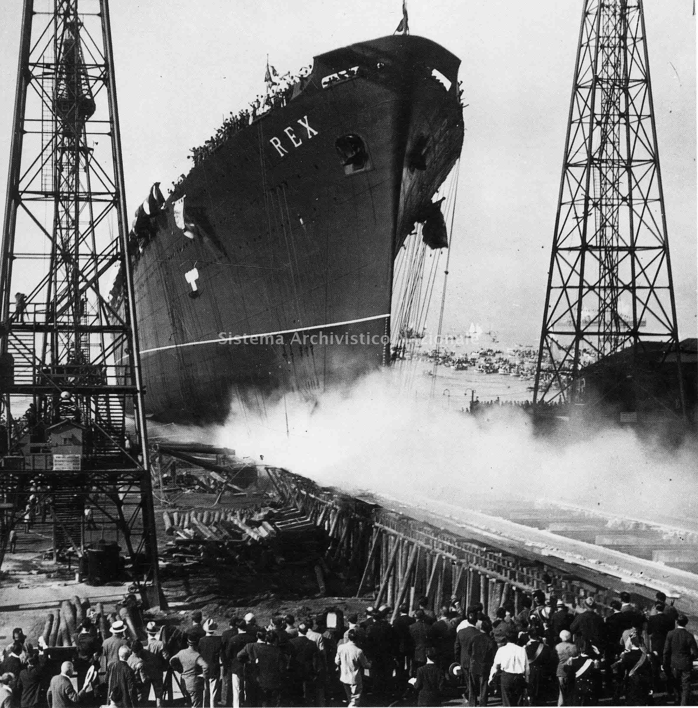   Varo della turbonave "Rex" nel cantiere navale Ansaldo di Genova Sestri Ponente, 1931 (Fondazione Ansaldo, fondo Ansaldo).
