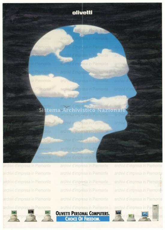   Manifesto pubblicitario di Olivetti Personal Computers, ispirato al surrealismo magrittiano, 1988 (Associazione archivio storico Olivetti, Fondo Olivetti)
