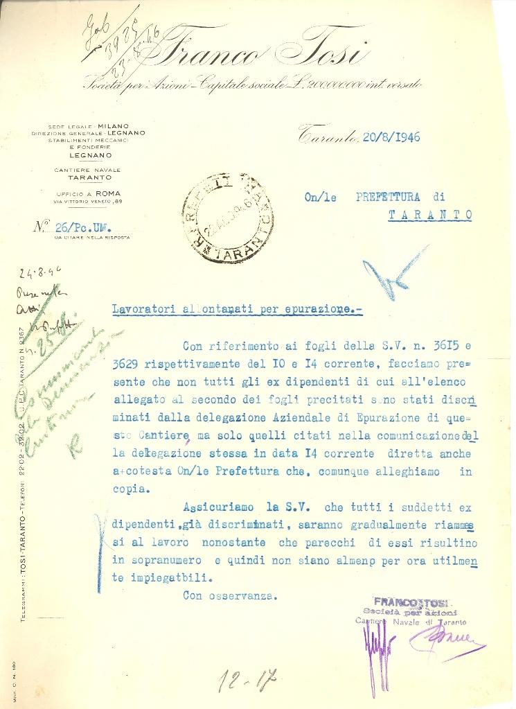   Lettera di epurazione di alcuni lavoratori, 1946 (Archivio di Stato di Taranto, fondo Prefettura di Taranto).
