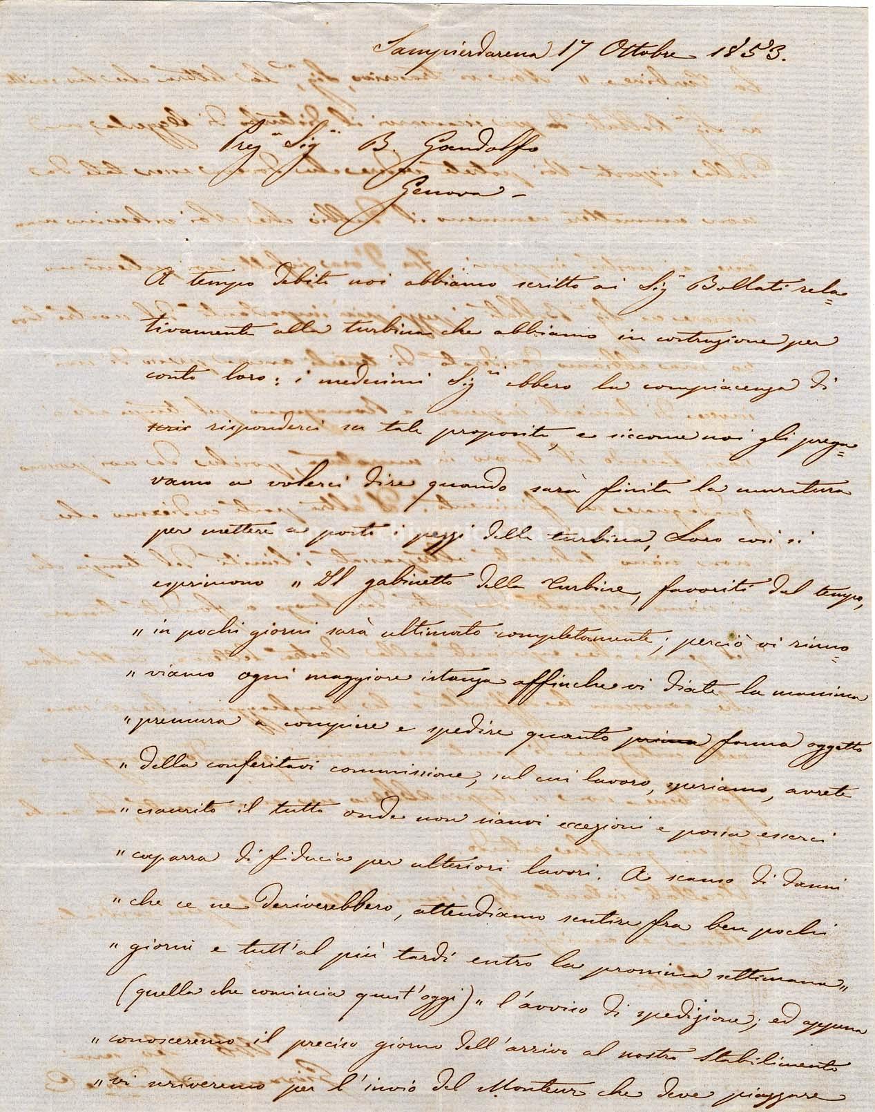   Prima parte di una lettera manoscritta di Giovanni Ansaldo per B. Gandolfo (Fondazione Ansaldo).
